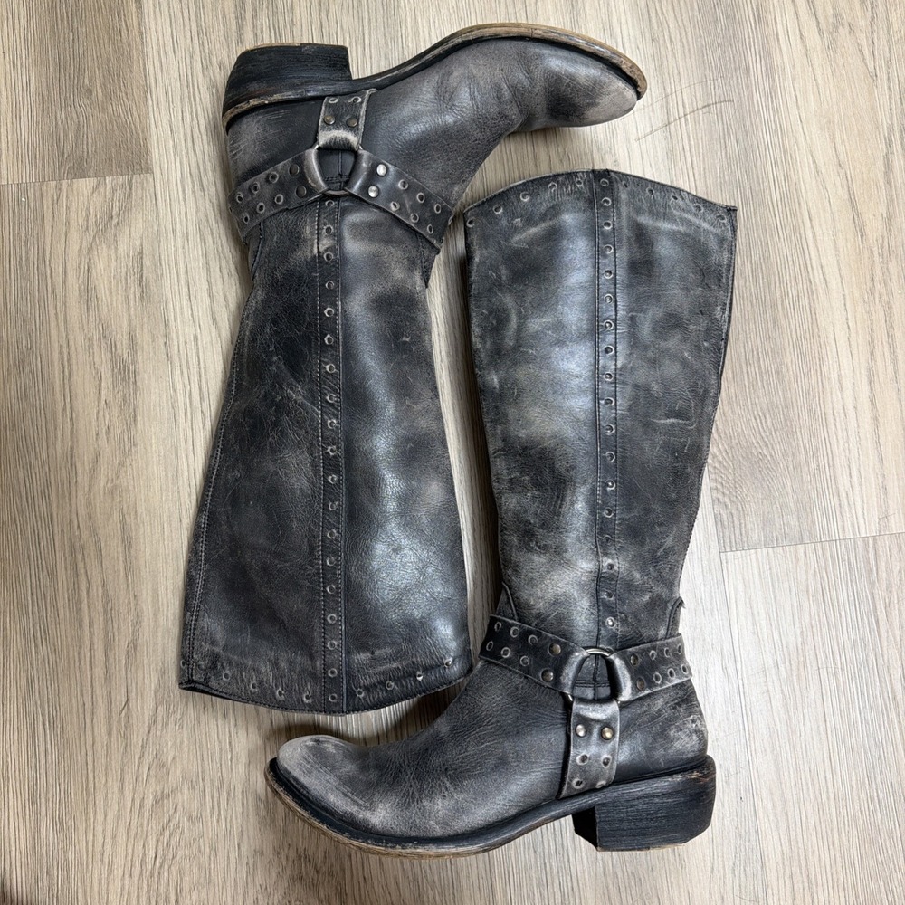 Diba Let It Bee Studded Distressed Harness Tall Boots Moto Grey Women 7.5 38M